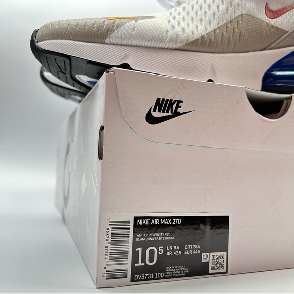 Men's Nike Air Max 270 White Blue Red Running Shoes - Picture 7 of 8
